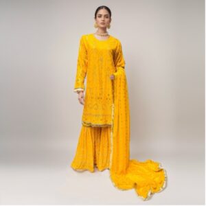 Mustard Yellow Embroidered Pakistani Gharara Suit