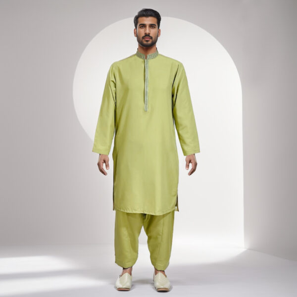 Olive Green embroidered shalwar kameez men