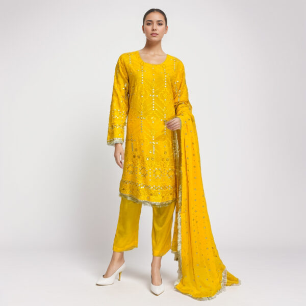 Mustard Yellow Embroidered Pakistani chiffon Suit