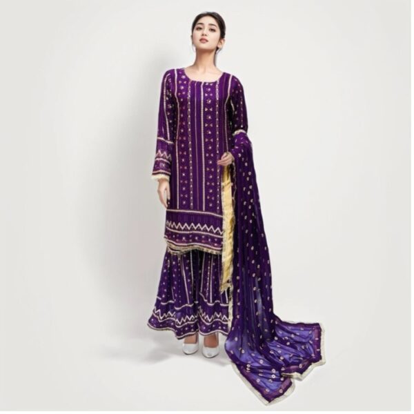 Deep Purple Fully Embroidered Chiffon Gharara Suit