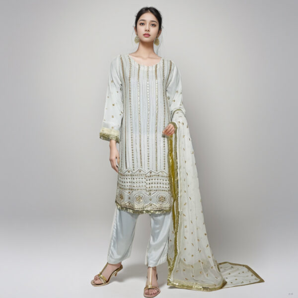 Pearl White Embroidered Pakistani Gharara Suit