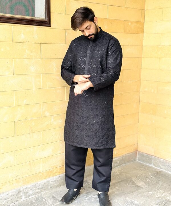 Black Embroidered Kurta Pajama Men's Party Wear