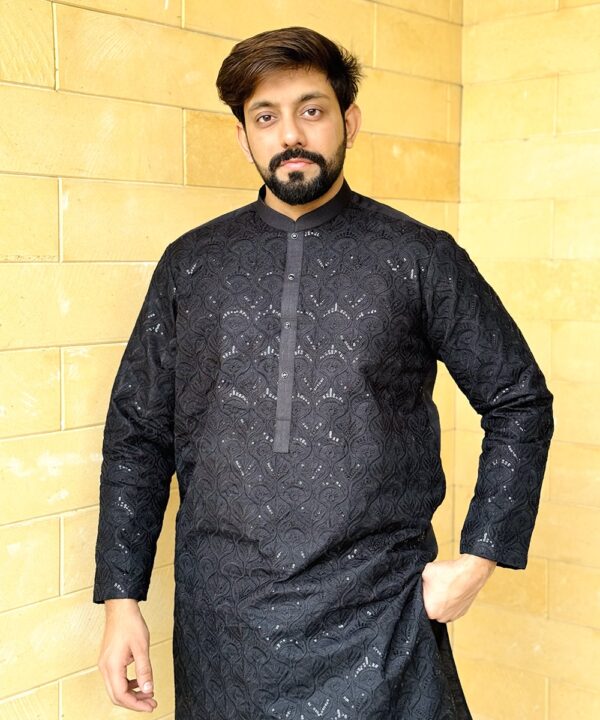 Black Embroidered Kurta Pajama Men's Party Wear - Image 3