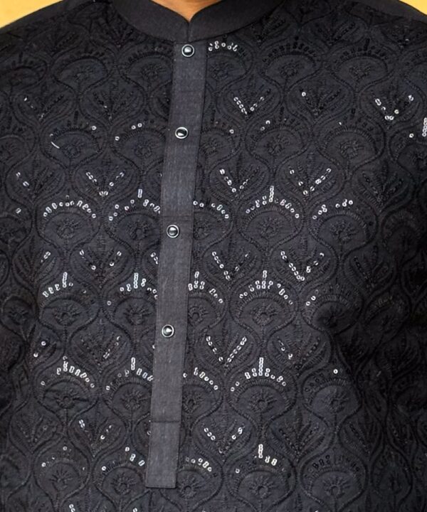 Black Embroidered Kurta Pajama Men's Party Wear - Image 4