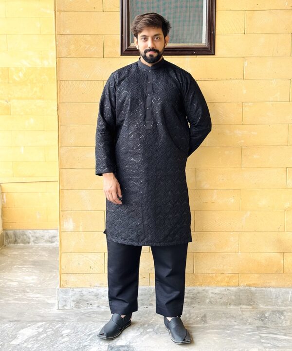 Black Embroidered Kurta Pajama Men's Party Wear