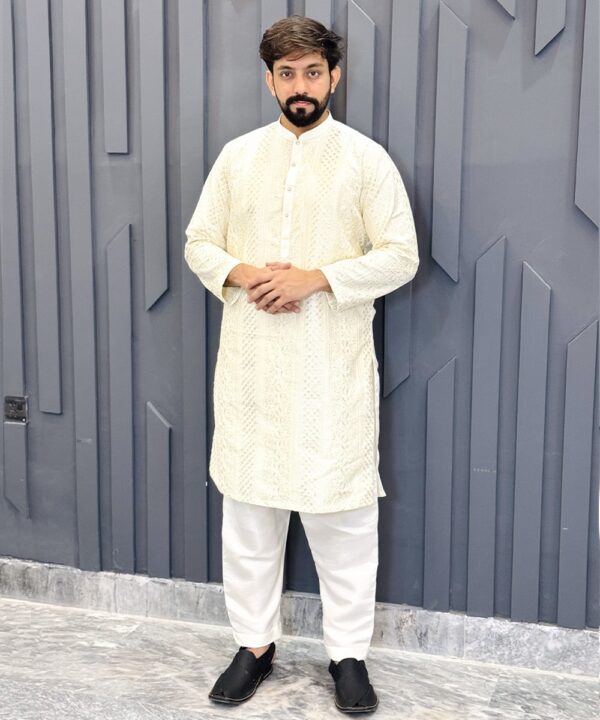 Off-White Party Wear Kurta Pajama For Men's