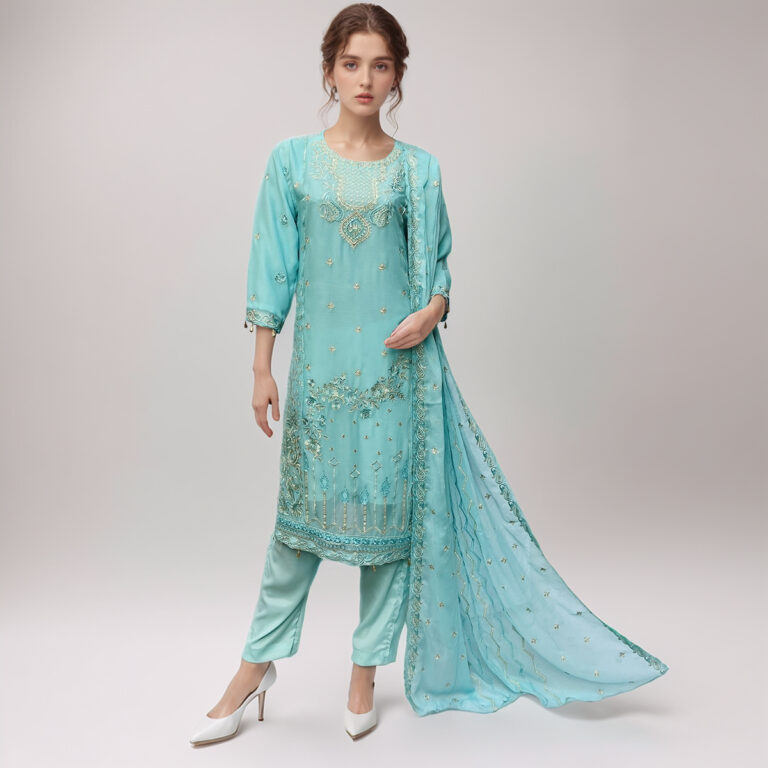 Cyan Stitched chiffon suits wholesale