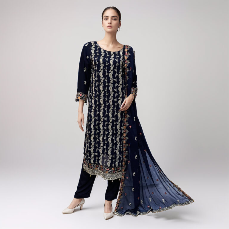 Navy blue 3 piece chiffon suits pakistan wholesale