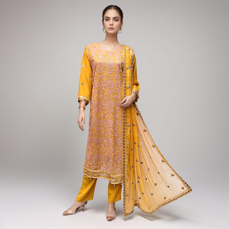 Yellowish Orange Pakistani chiffon suits wholesale