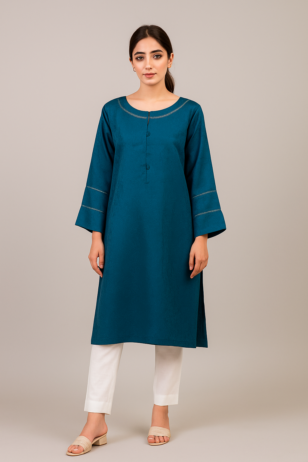 Bluish Cyan self print designer linen kurtis wholesale Canada