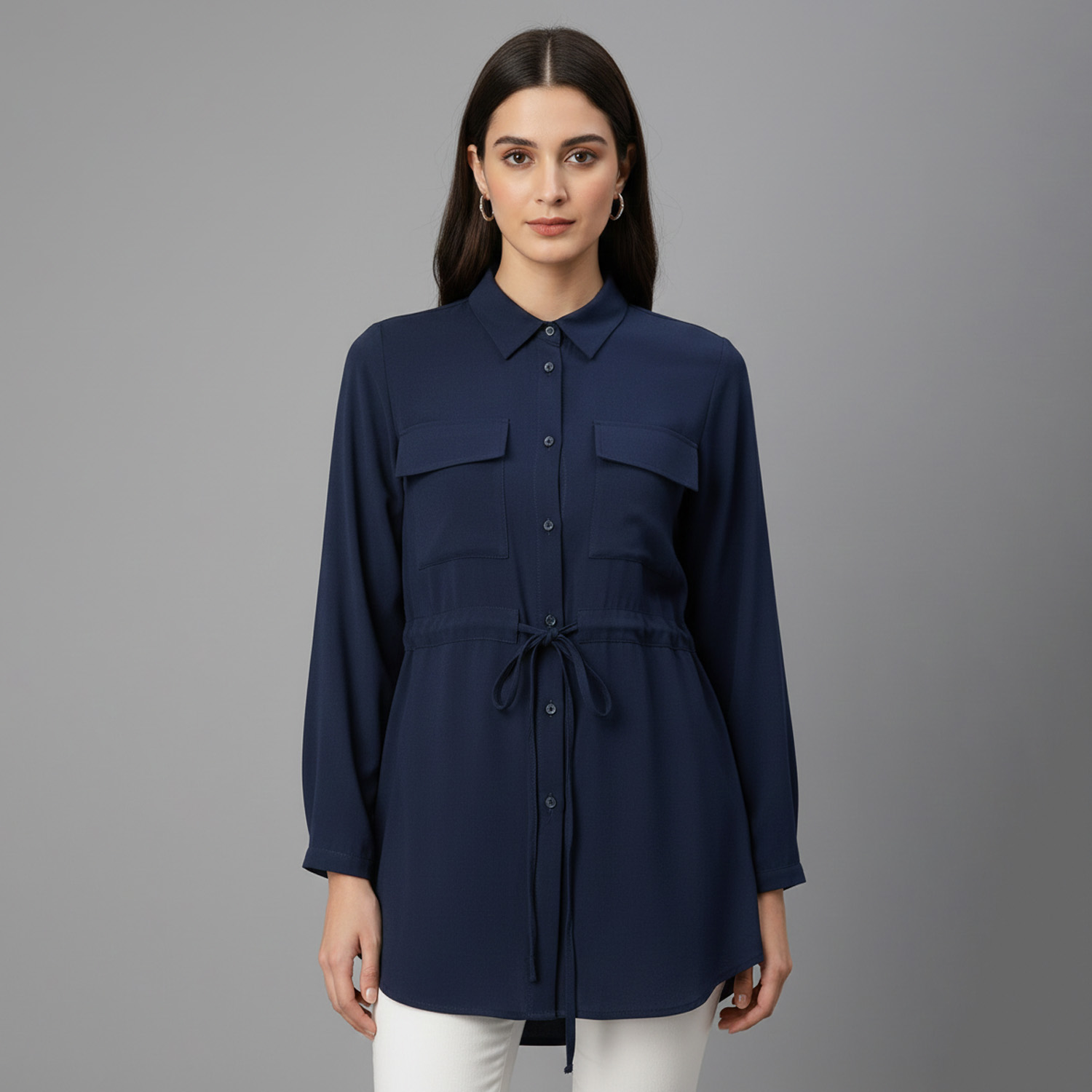 Navy blue Womens wholesale tunic top canada with Tie-Waist