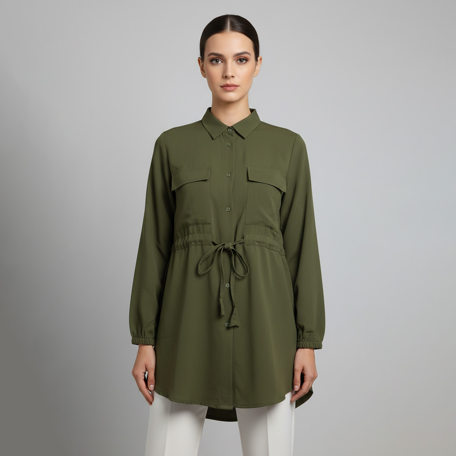 Olive Green Womens wholesale tunic top canada with Tie-Waist