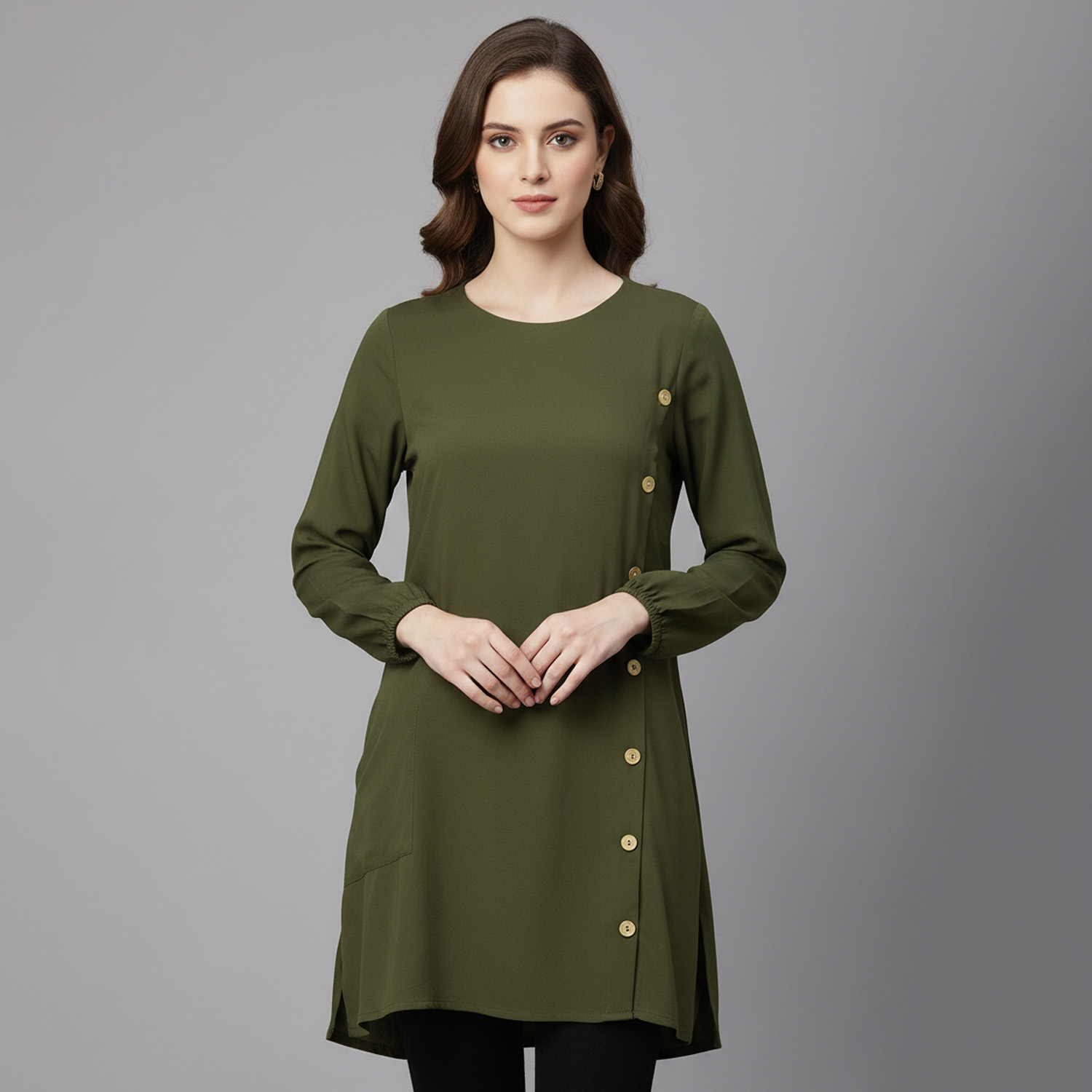 Olive green Womens wholesale tunic top canada with side pocket