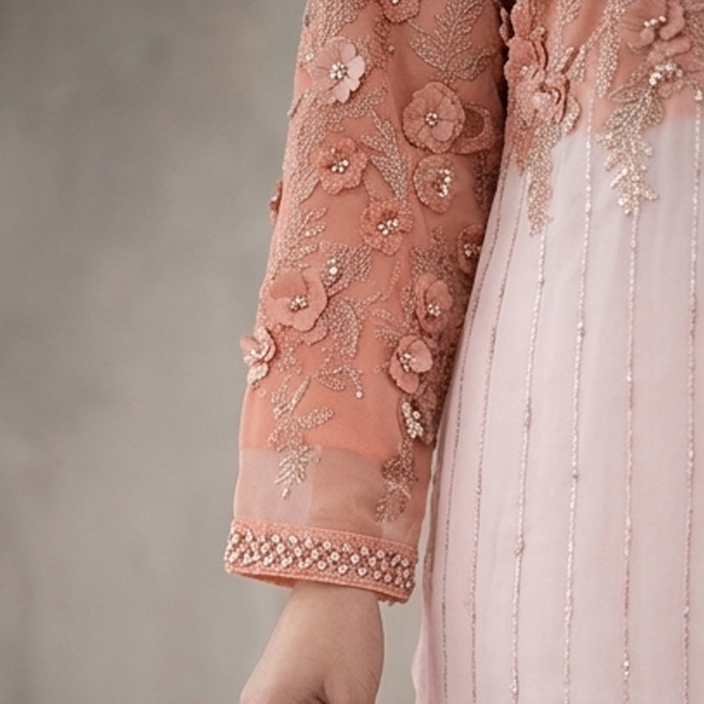 Fully stitched 3-piece chiffon suit Premium lightweight chiffon fabric with soft drape Peach and off-white dual-tone design Heavy 3D floral sequin embellishments on shirt and sleeves Pearl-detailed neckline with elegant silver embroidery Embroidered chiffon dupatta with scalloped floral borders Matching off-white wide-leg trousers included Suitable for Eid, weddings and formal occasions Ready to wear