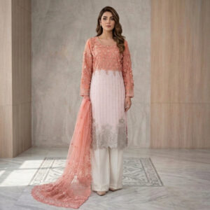 3D Floral Sequence Embroidered 3 piece Chiffon Suit - Peach & Off-White