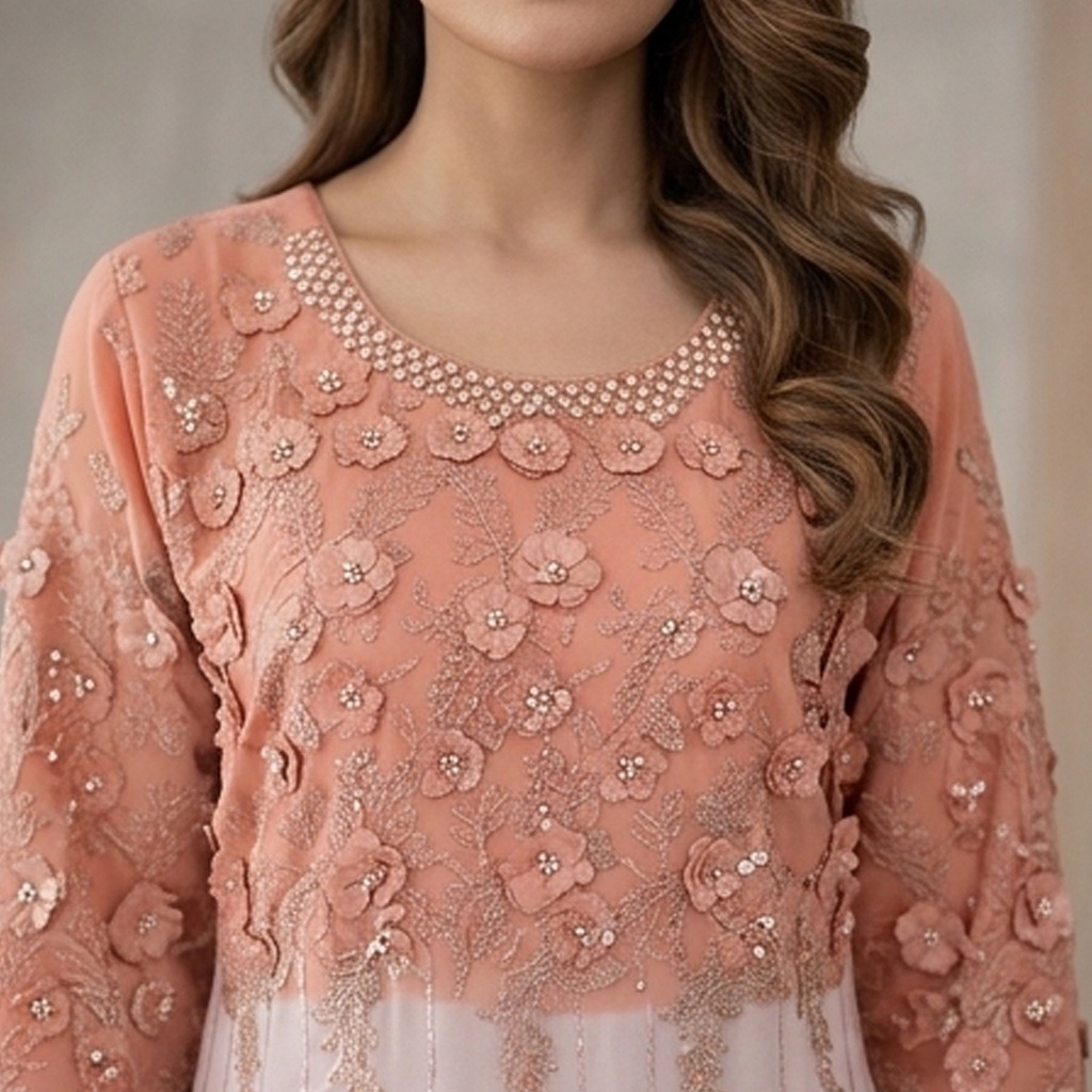 Fully stitched 3-piece chiffon suit Premium lightweight chiffon fabric with soft drape Peach and off-white dual-tone design Heavy 3D floral sequin embellishments on shirt and sleeves Pearl-detailed neckline with elegant silver embroidery Embroidered chiffon dupatta with scalloped floral borders Matching off-white wide-leg trousers included Suitable for Eid, weddings and formal occasions Ready to wear