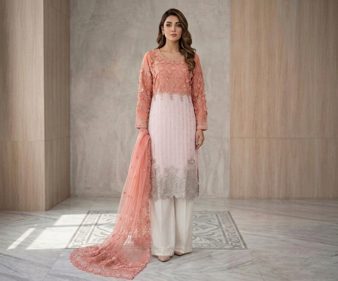 3D Floral Sequence Embroidered 3 piece Chiffon Suit - Peach & Off-White