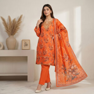 Bright Orange Stitched Wholesale Lawn Suits