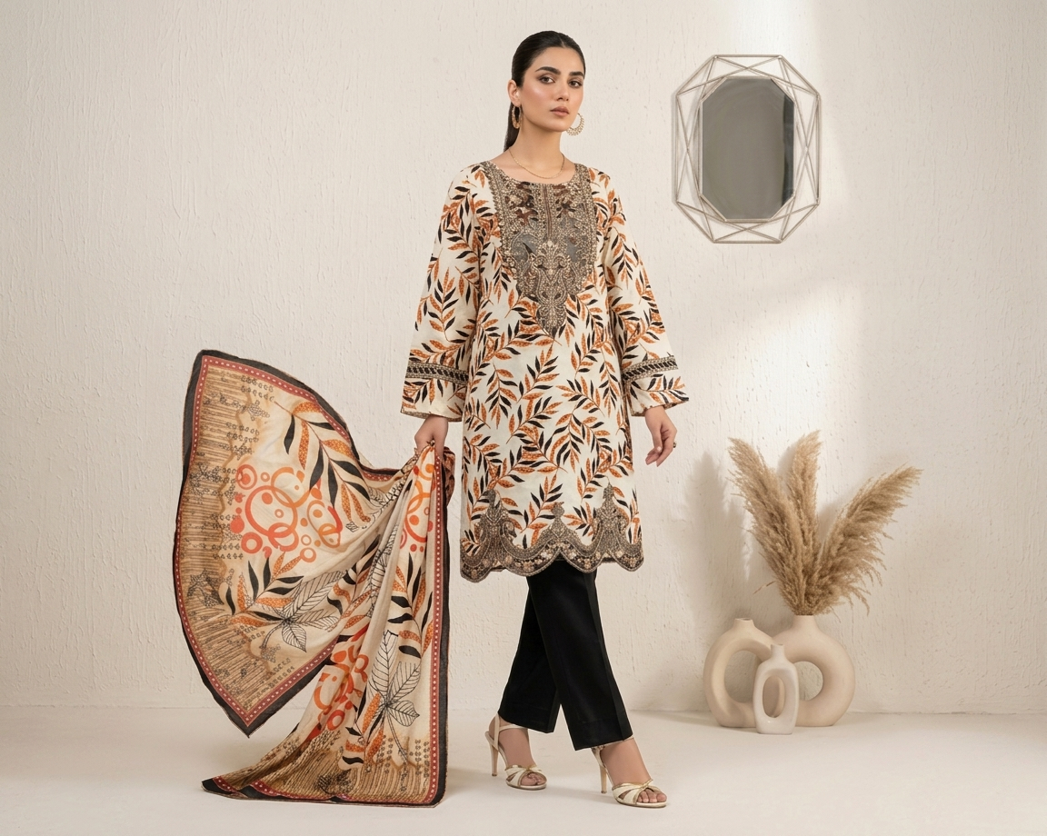 Elegant Cream Stitched Wholesale Lawn Suits