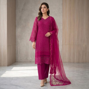 Elegant Sequence Embroidered 3 Piece Chiffon Suit – Rich Magenta