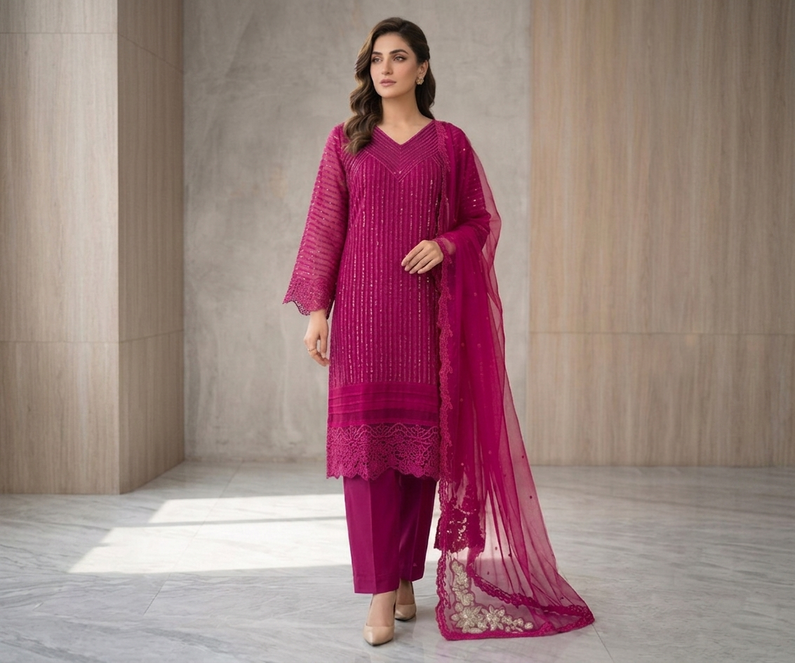 Elegant Sequence Embroidered 3 Piece Chiffon Suit – Rich Magenta