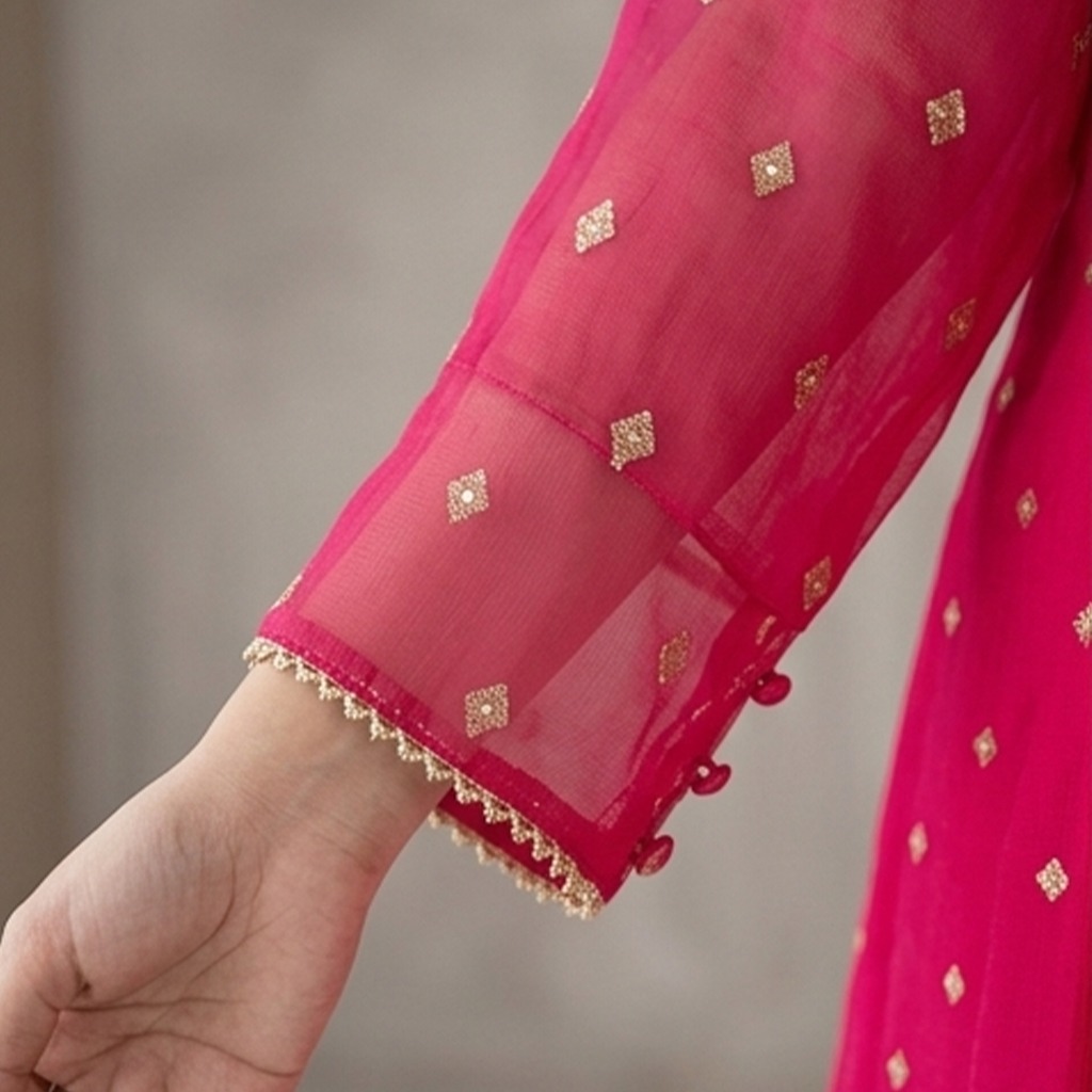 Elegant Sequence Embroidered 3 Piece Chiffon Frock - Pinkish Red
