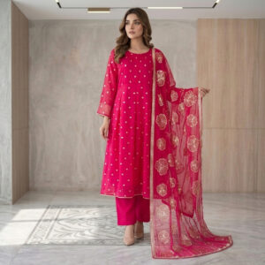 Elegant Sequence Embroidered 3 Piece Chiffon Frock - Pinkish Red