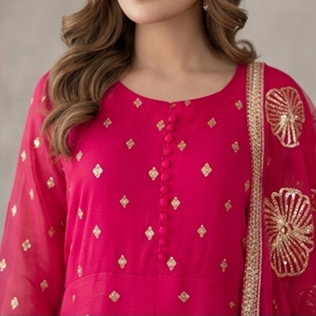 Elegant Sequence Embroidered 3 Piece Chiffon Frock - Pinkish Red