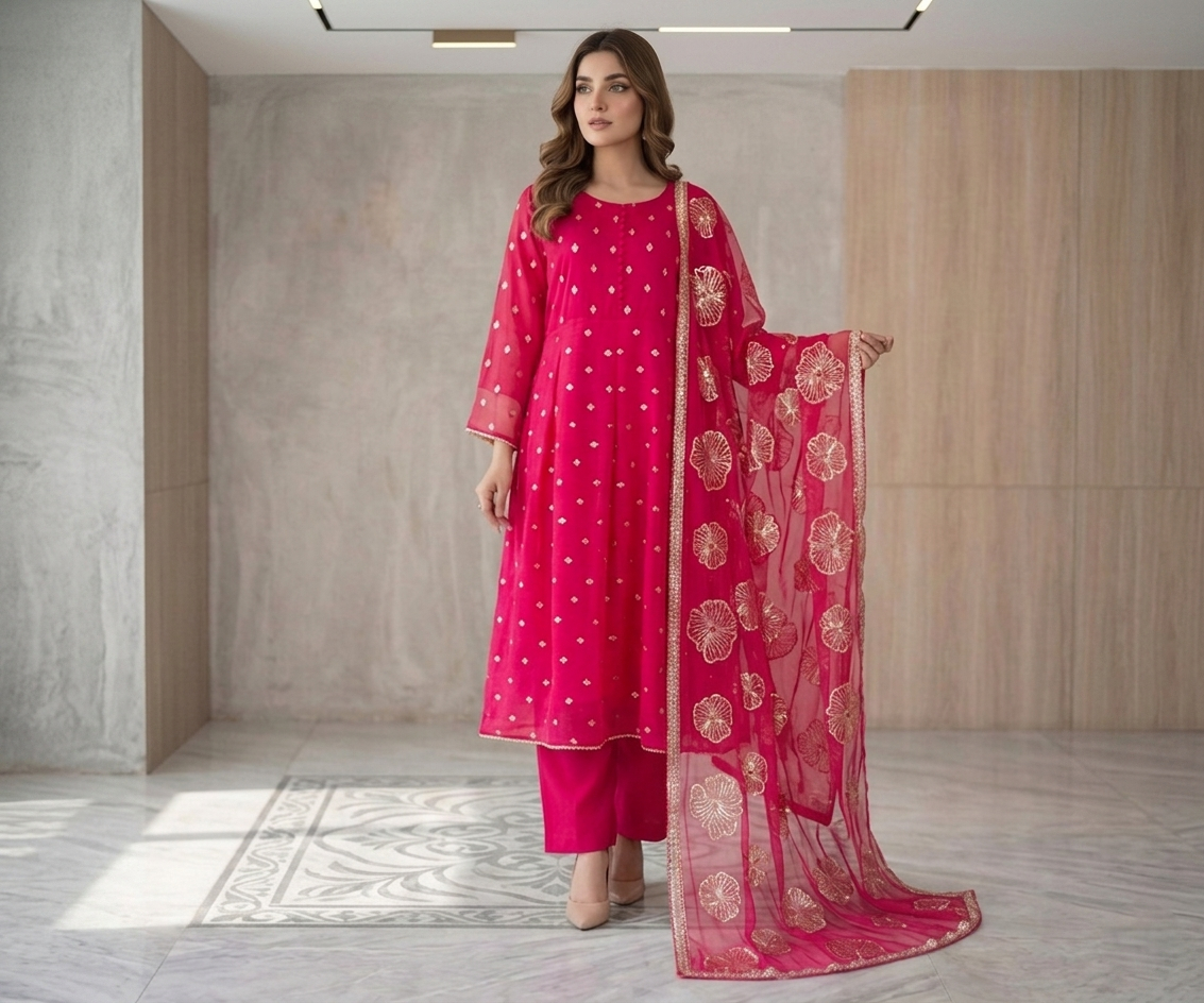Elegant Sequence Embroidered 3 Piece Chiffon Frock - Pinkish Red