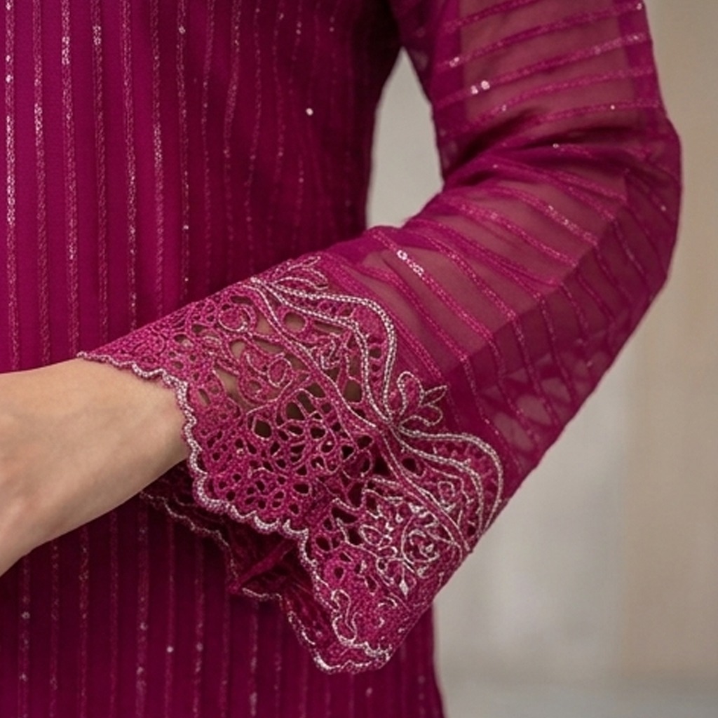 Fully stitched 3-piece chiffon suit Front fully adorned with sequence embroidery Beautiful cutwork detailing on daman and sleeves Elegant V-neckline design Matching chiffon dupatta with embroidered wavy scalloped borders Floral embroidered corner motifs on dupatta Long 44-inch shirt length for a graceful modest fit Matching trousers included Suitable for Eid, weddings, parties, and formal occasions Ready to wear