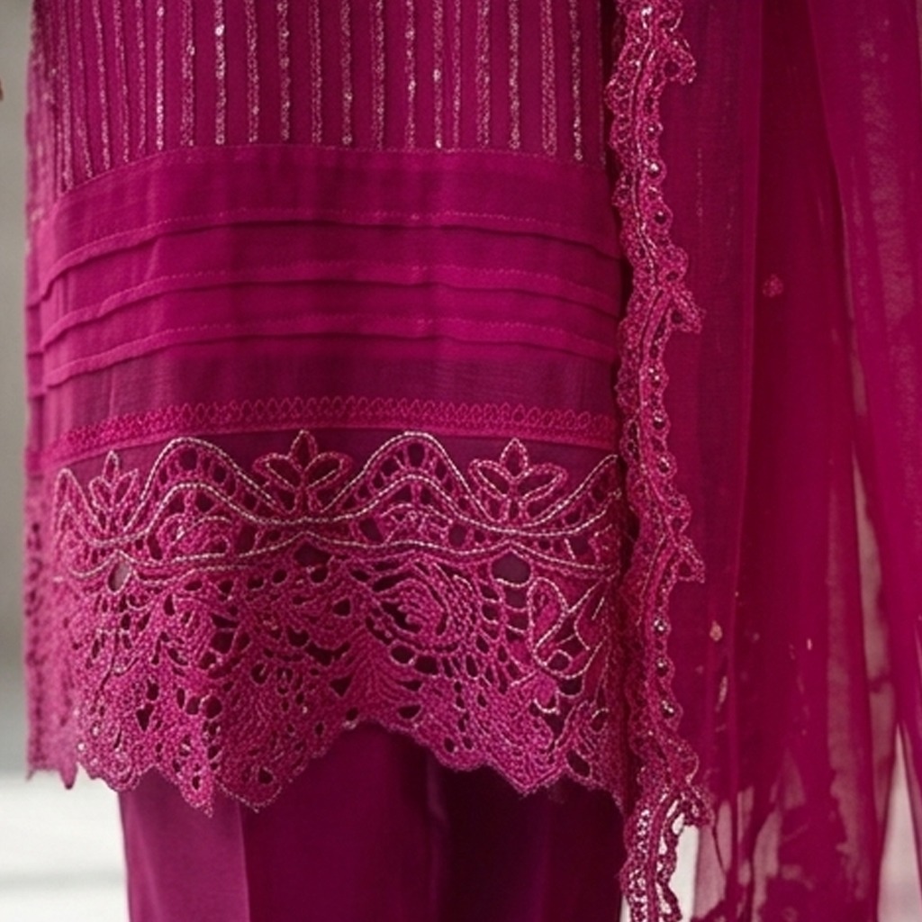 Fully stitched 3-piece chiffon suit Front fully adorned with sequence embroidery Beautiful cutwork detailing on daman and sleeves Elegant V-neckline design Matching chiffon dupatta with embroidered wavy scalloped borders Floral embroidered corner motifs on dupatta Long 44-inch shirt length for a graceful modest fit Matching trousers included Suitable for Eid, weddings, parties, and formal occasions Ready to wear