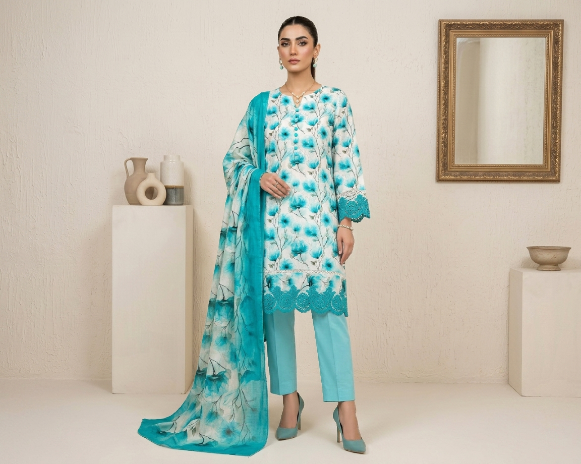 Elegant Turquoise 3 Piece Lawn Suits Wholesale