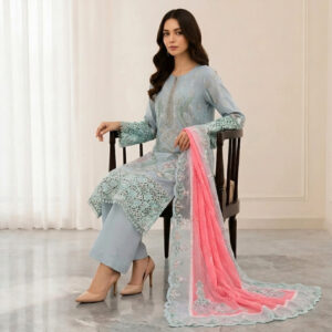 Handmade Embellished 3 Piece Chiffon Suit - Ice Blue