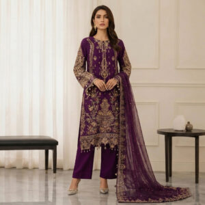 Handmade Embellished 3 Piece Chiffon Suit - Royal Purple