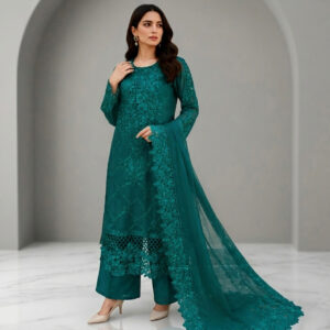 Handmade Embellished 3 Piece Chiffon Suit – Emerald Green