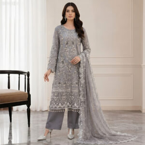 Handmade Embellished 3 Piece Chiffon Suit – Metallic Grey