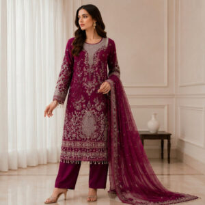 Handmade Embellished 3 Piece Chiffon Suit – Royal Plum