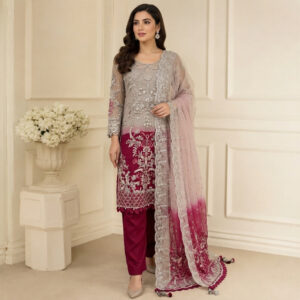Handmade Embellished 3 Piece Organza Suit – Grey & Plum