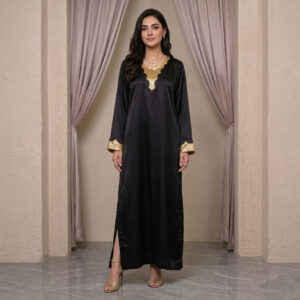 Luxury Gold Sequin Embellished Silk Kaftan - Black