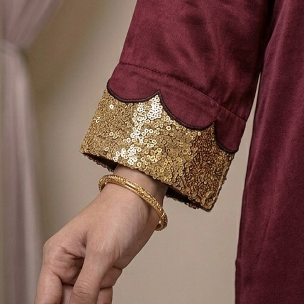 Luxury Gold Sequin Embellished Silk Kaftan - Mehroon