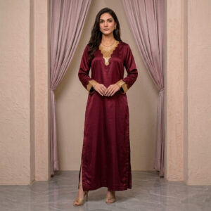 Luxury Gold Sequin Embellished Silk Kaftan - Mehroon