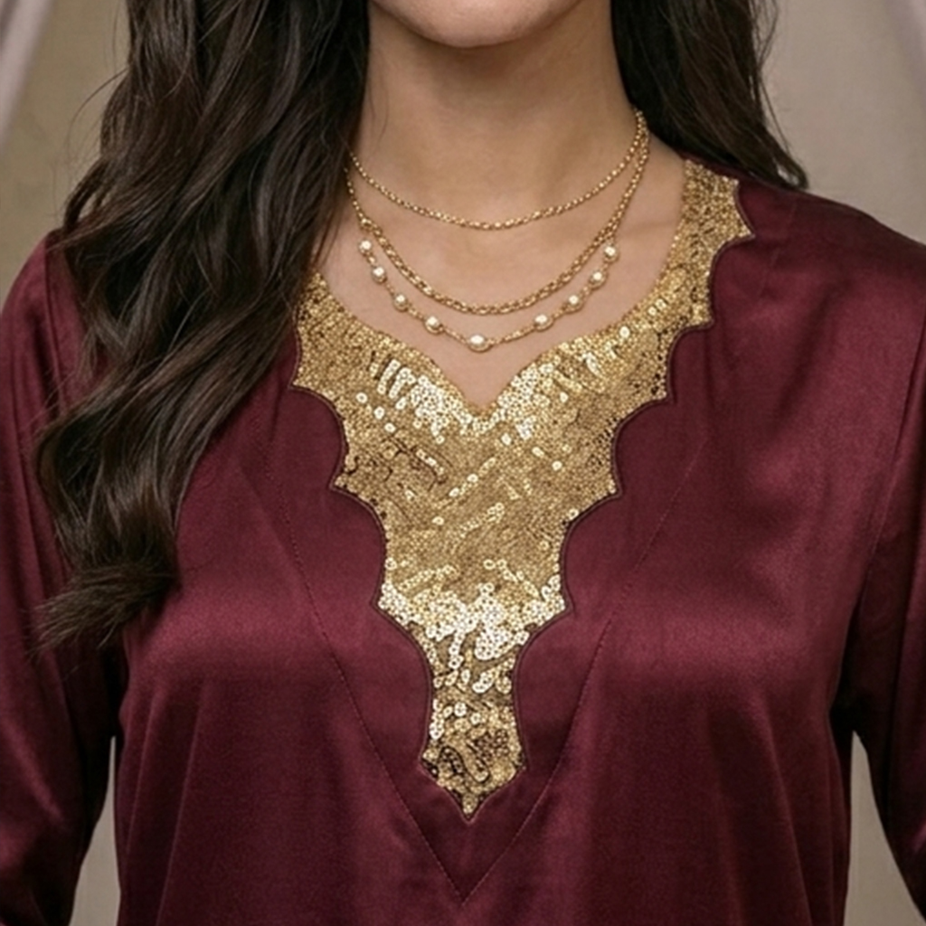Luxury Gold Sequin Embellished Silk Kaftan - Mehroon
