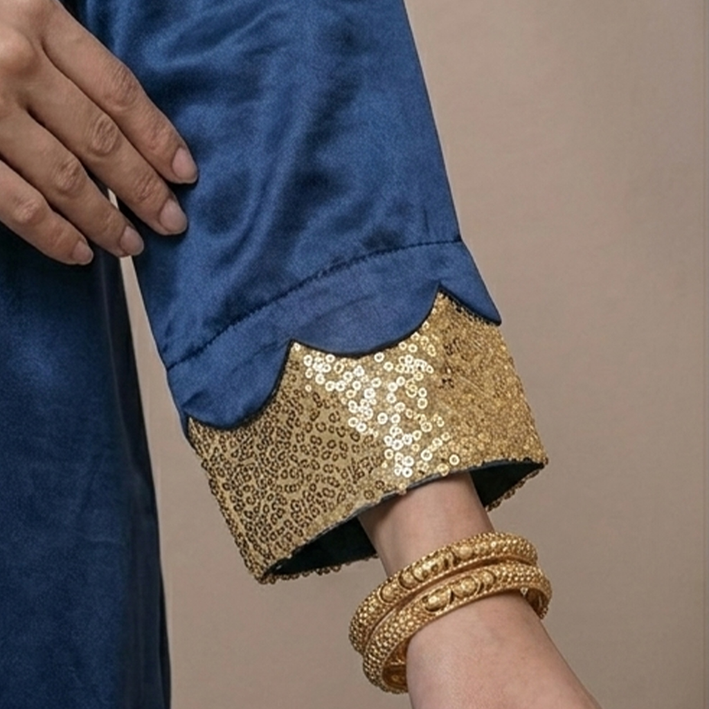 Luxury Gold Sequin Embellished Silk Kaftan - Navy Blue - Image 3