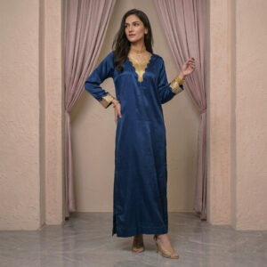 Luxury Gold Sequin Embellished Silk Kaftan - Navy Blue
