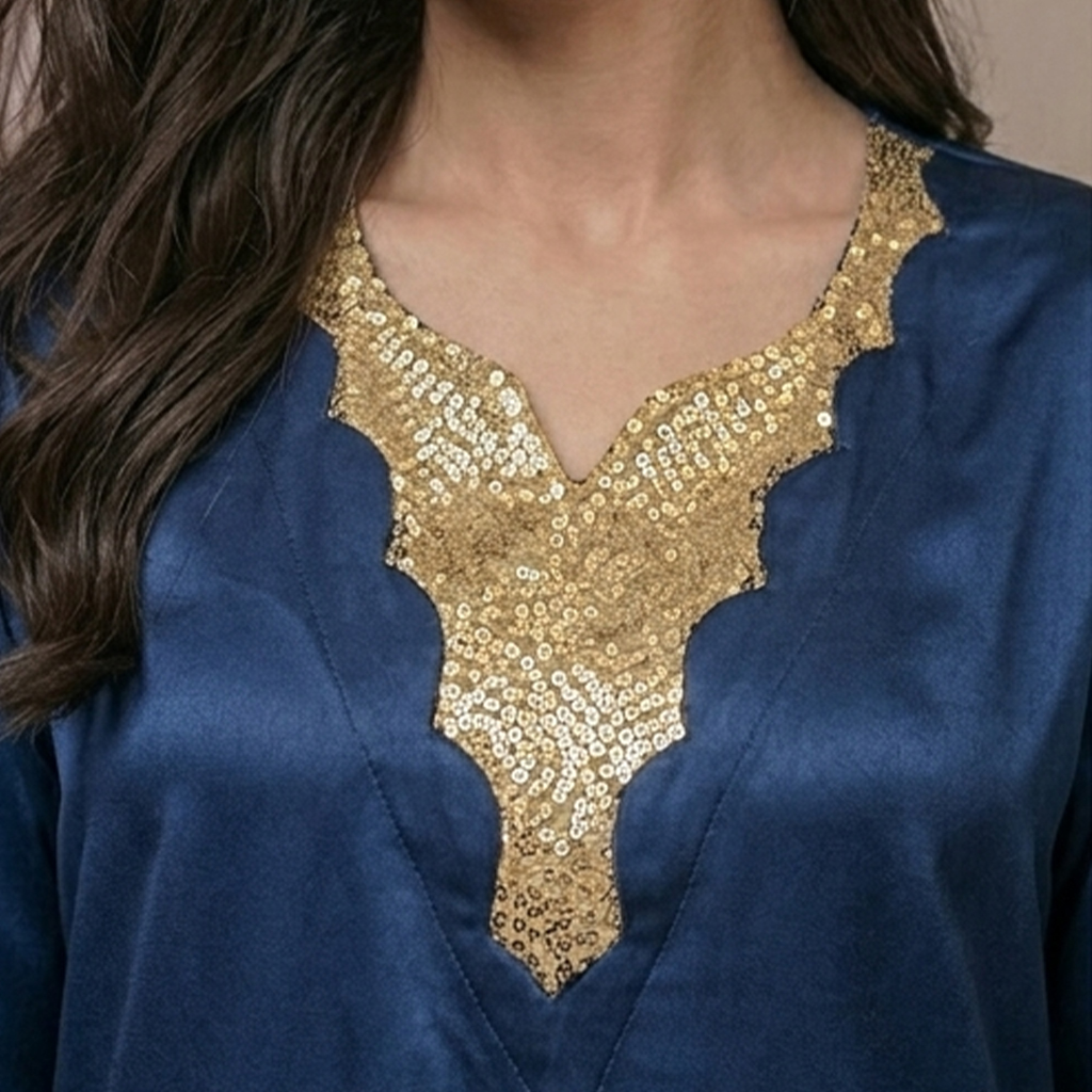 Luxury Gold Sequin Embellished Silk Kaftan - Navy Blue