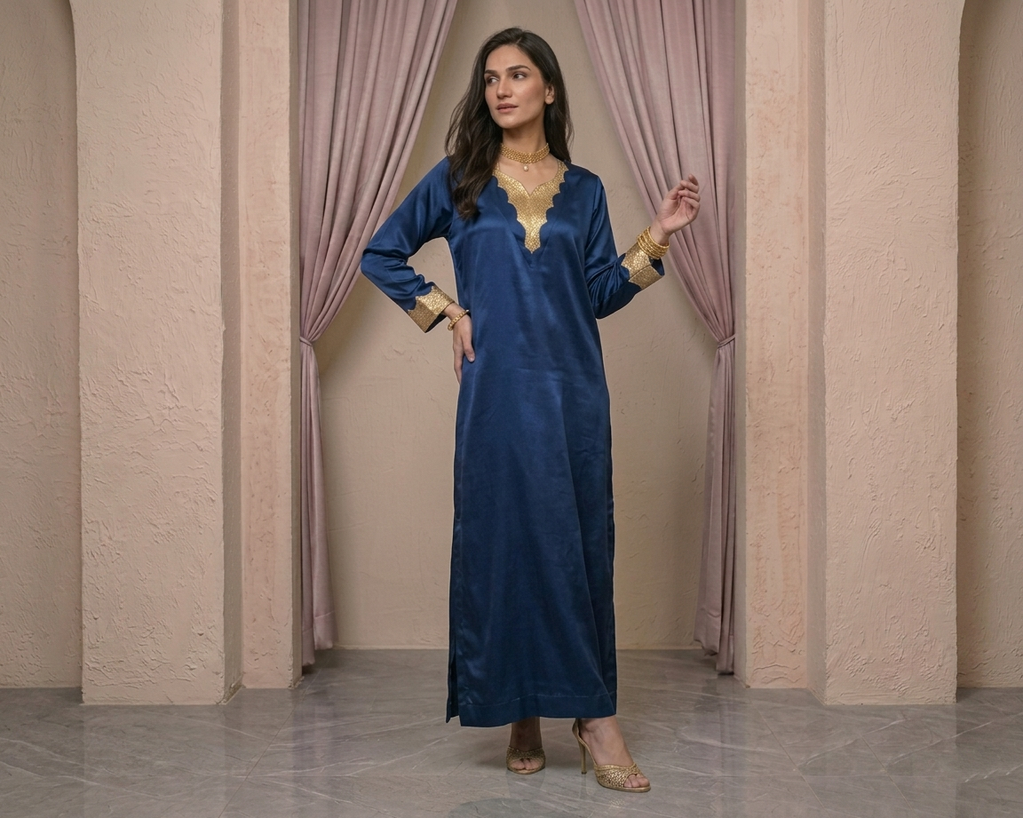 Luxury Gold Sequin Embellished Silk Kaftan - Navy Blue