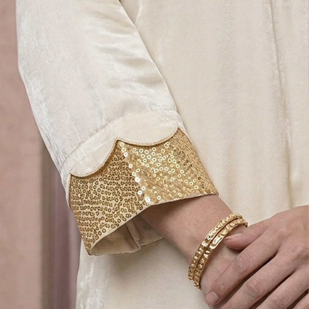 Luxury Gold Sequin Embellished Silk Kaftan - White