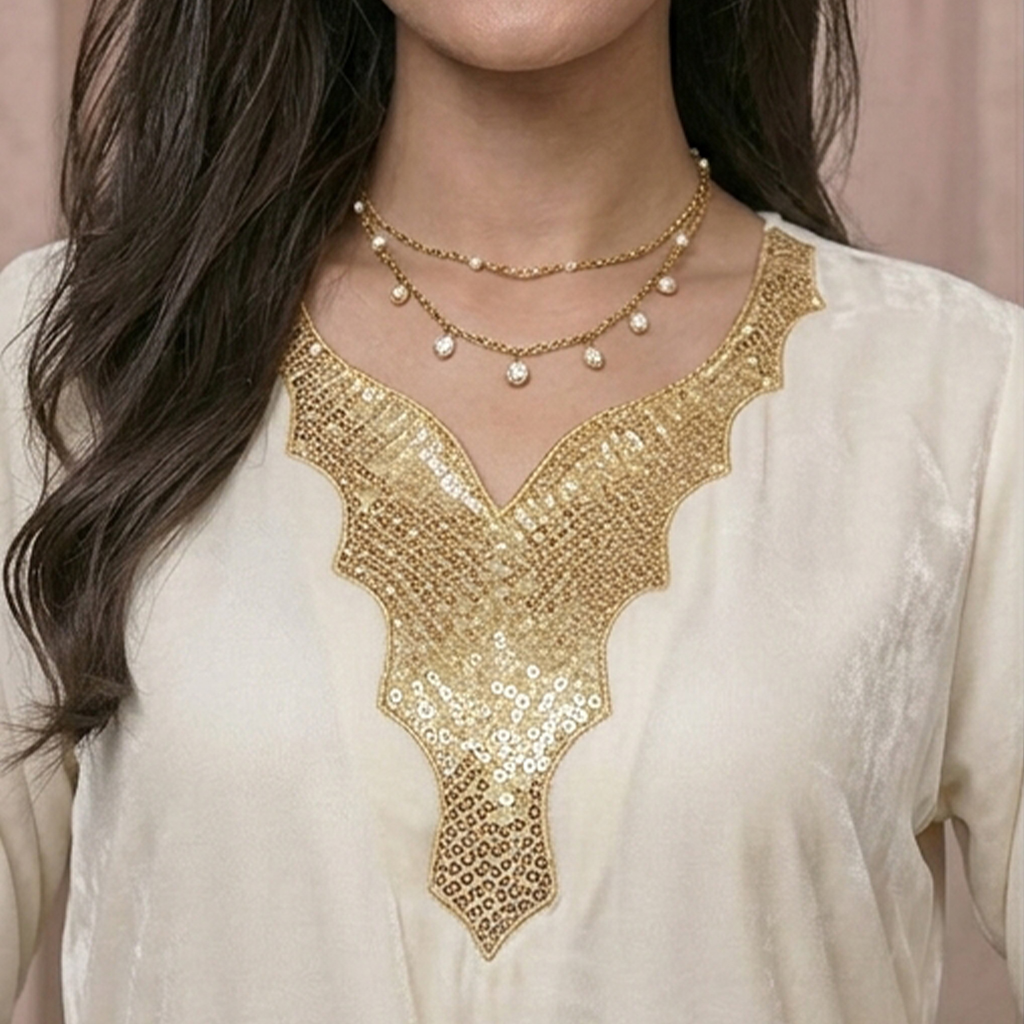 Luxury Gold Sequin Embellished Silk Kaftan - White