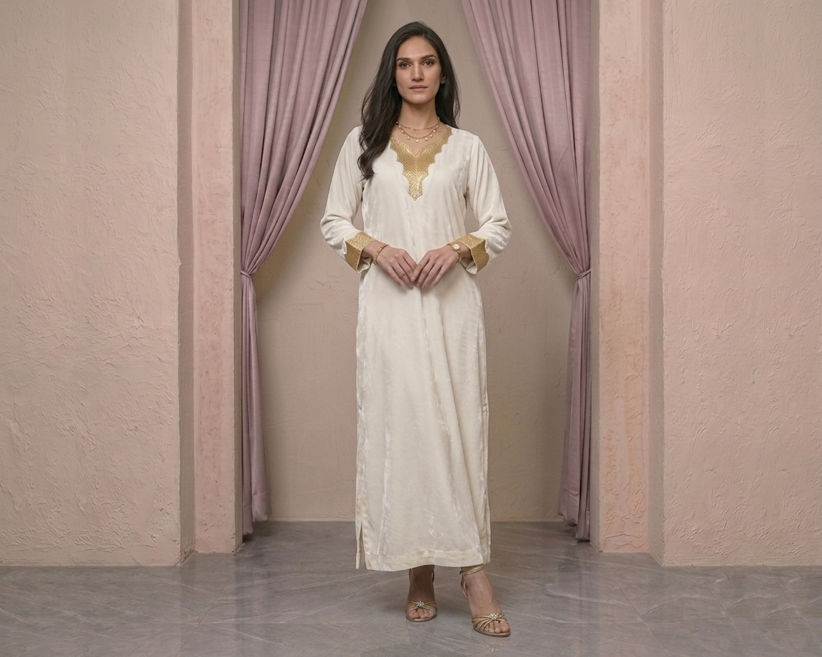 Luxury Gold Sequin Embellished Silk Kaftan - White