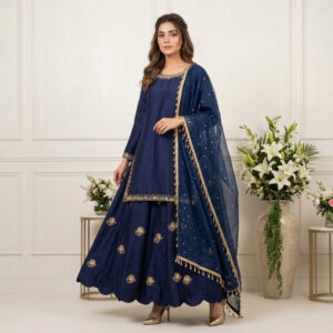 Navy Blue Silk Flared Lehenga Set Made to Order